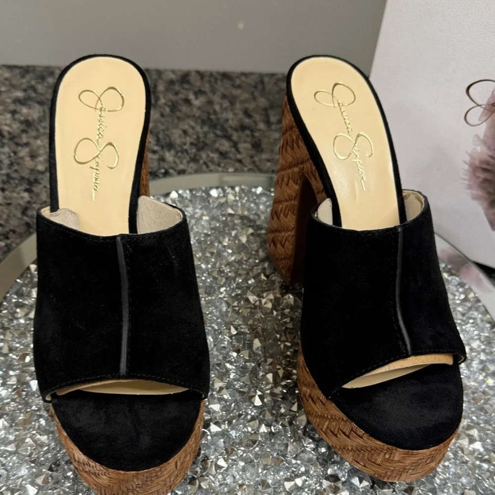 Jessica Simpson Black Suede Platform Mule Heels with Woven Brown Platform